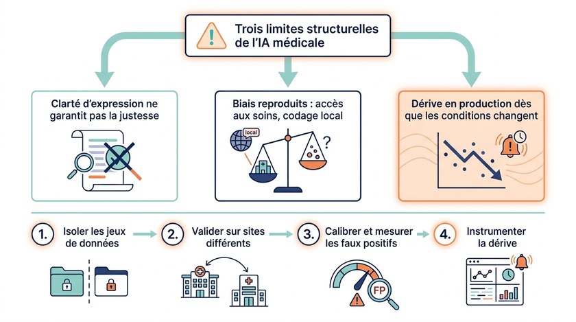 Schéma des limites de l'IA médicale et des bonnes pratiques de gouvernance : trois limites structurelles (clarté sans justesse, biais reproduits, dérive en production) et quatre étapes de contrôle (is